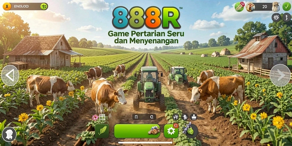 Screenshot gameplay 888R menampilkan suasana pertanian yang cerah dan aktivitas bercocok tanam.