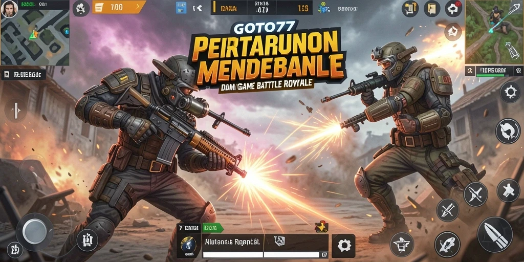 Screenshot gameplay <strong>GOTO77</strong> menampilkan pertempuran intens di arena Battle Royale.