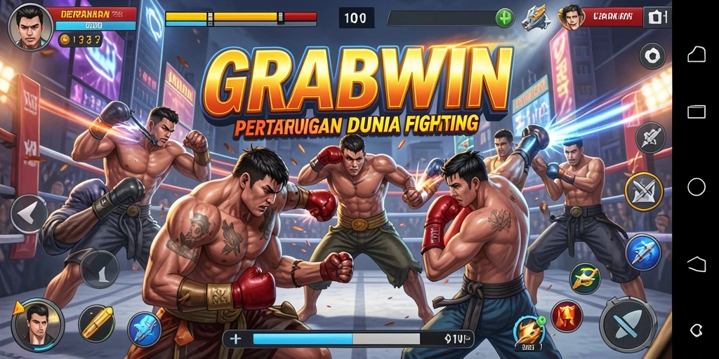 Screenshot gameplay pertarungan seru di GRABWIN dengan efek visual menakjubkan.