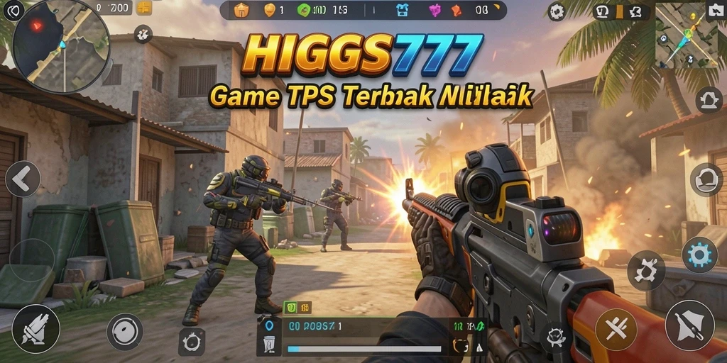 Tampilan gameplay HIGGS777 dengan intensitas aksi tembak menembak.
