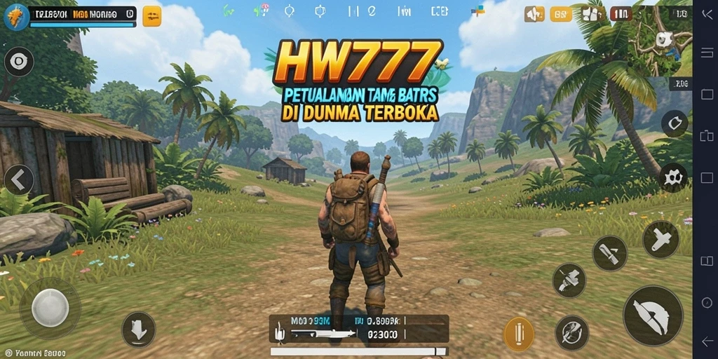 Screenshot menampilkan karakter yang sedang menjelajahi dunia terbuka HW777.