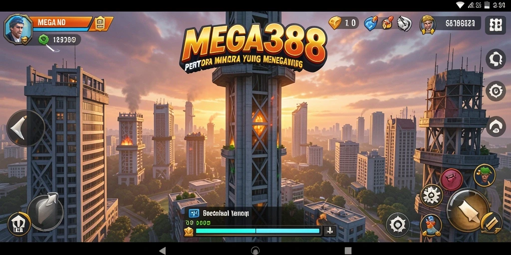 Tampilan seru dari gameplay MEGA388 dengan menara dan musuh yang beragam.